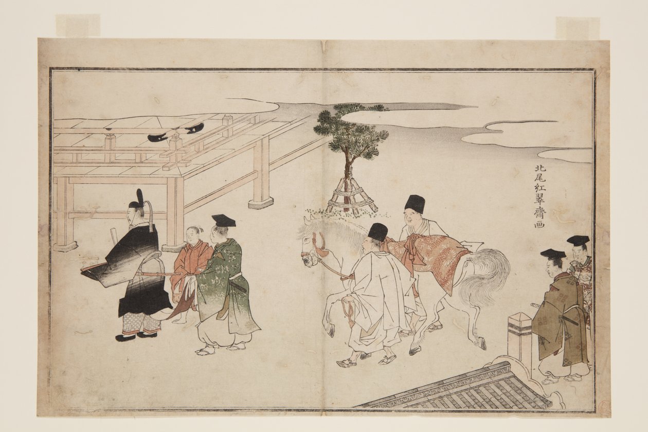 Neujahrspräsentation eines weißen Pferdes von Kitao Shigemasa