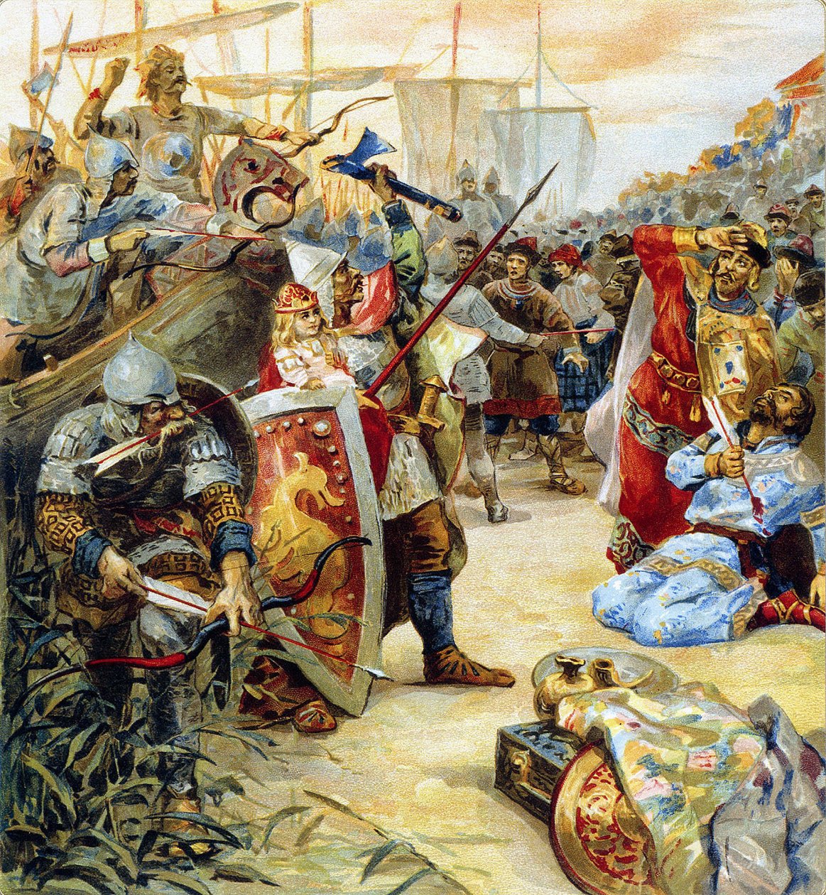 Der Tod von Askold und Dir, Herren von Kiew im Jahr 882, als die Stadt von Oleg dem Weisen eingenommen wurde von Klavdiy Vasilievich Lebedev