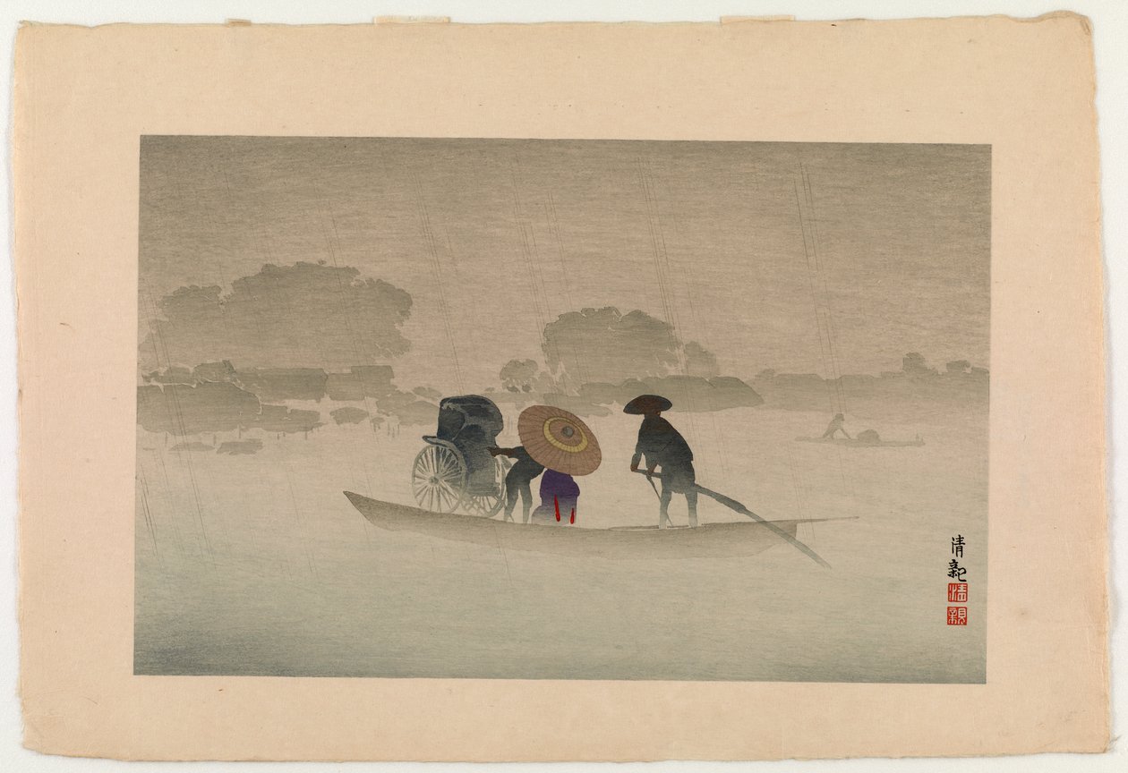Takeya-Fähre bei Matsuchichiyama im Frühlingsregen, 1929 von Kobayashi Kiyochika