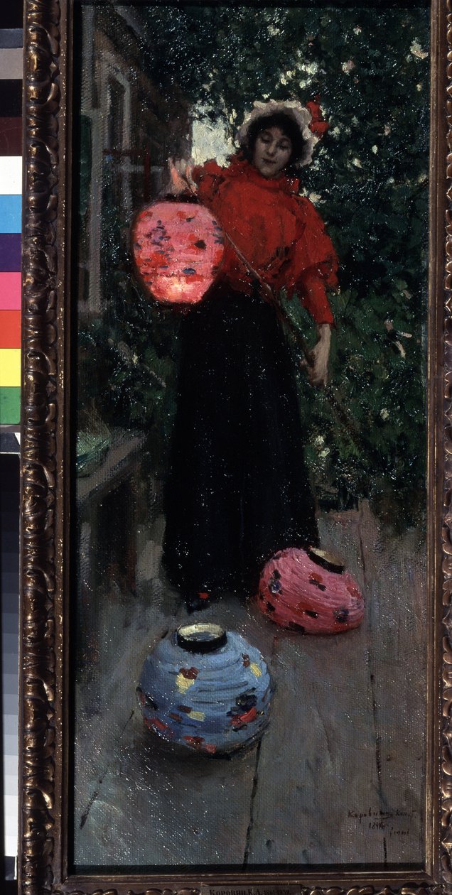Chinesische Laternen (Eine Frau zündet und installiert Papierlaternen auf der Veranda am Abend) von Konstantin Alekseevich Korovin