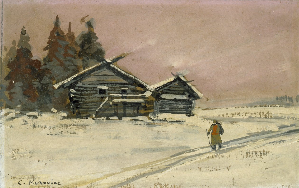 Winterlandschaft mit zwei Holzhütten von Konstantin Alekseevich Korovin
