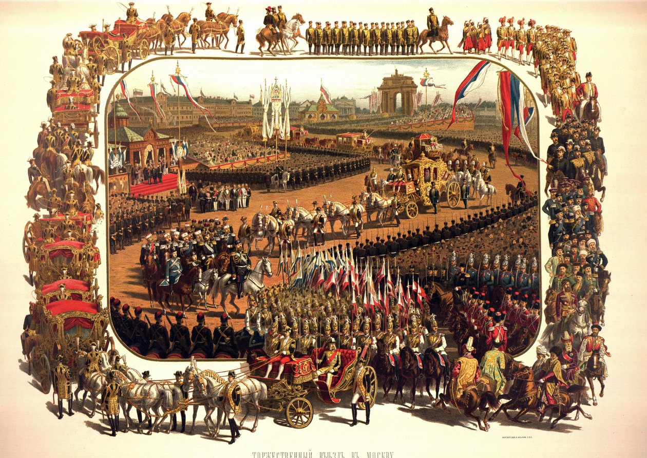 Album der Krönung von Zar Alexander III. von Russland (1845-1894) und Kaiserin Maria Fjodorowna (Dagmar von Dänemark) (1847-1928) - Der feierliche Einzug von Alexander III. in Moskau (Aus dem Krönungsalbum) von Konstantin Apollonovich Savitsky