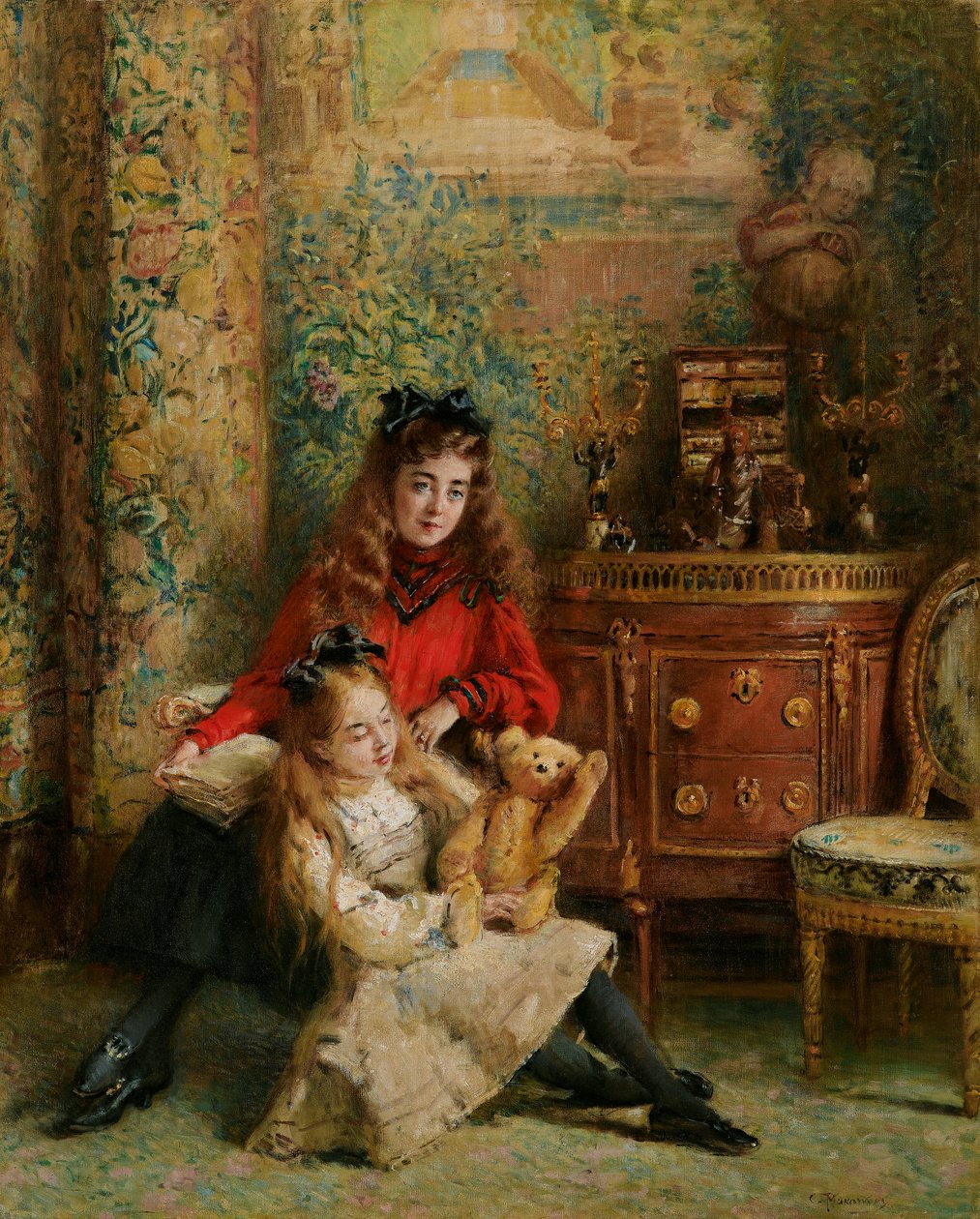 Porträt der Töchter des Künstlers Olga und Marina mit Teddybär von Konstantin Makovsky