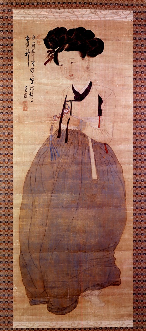 Koreanische Kunst: Porträt einer Geisha (Koreanisches Mädchen im Geisha-Kostüm). Druck von 1758. Private Sammlung. von Korean School