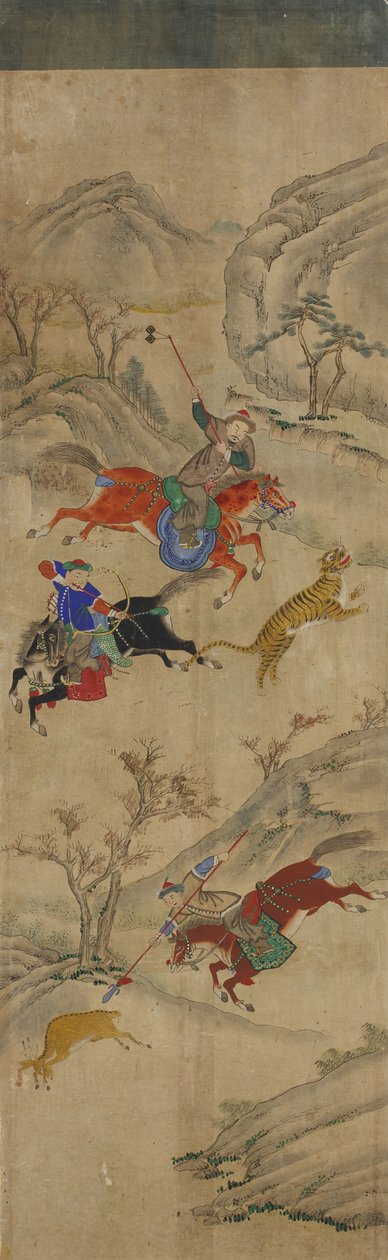 Jagdszene (3 Reiter jagen Hirsche und Tiger) von Korean School
