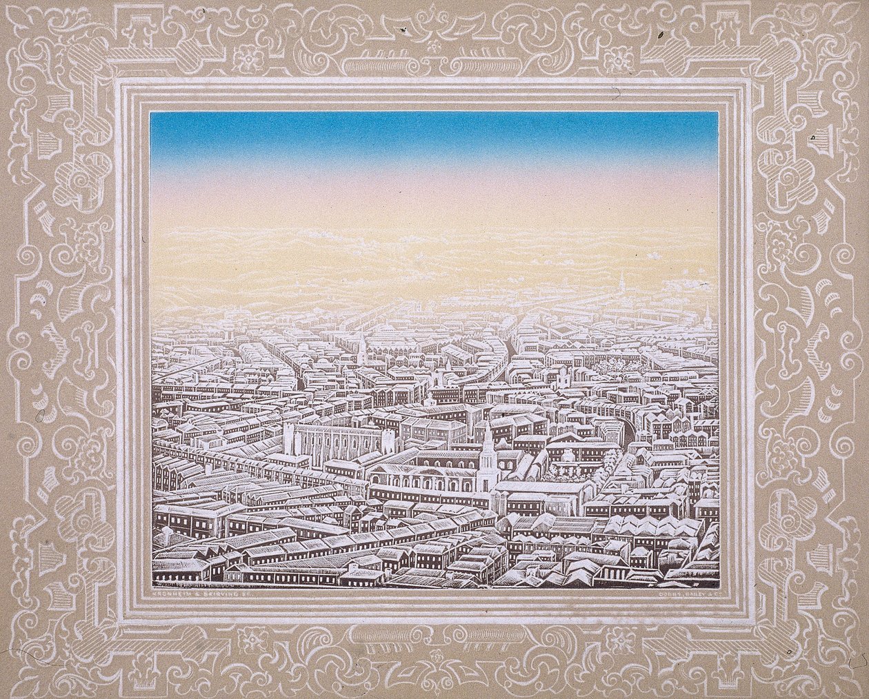 Luftaufnahme von London mit dekorativem Rand, ca. 1845 von Kronheim and Co