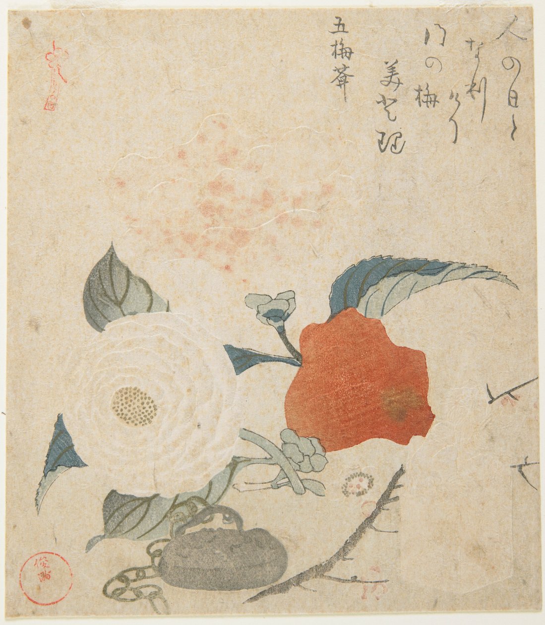 (Pflaumenzweig, eine Pfingstrosenblüte und ein Metallsiegel) von Kubo Shunman