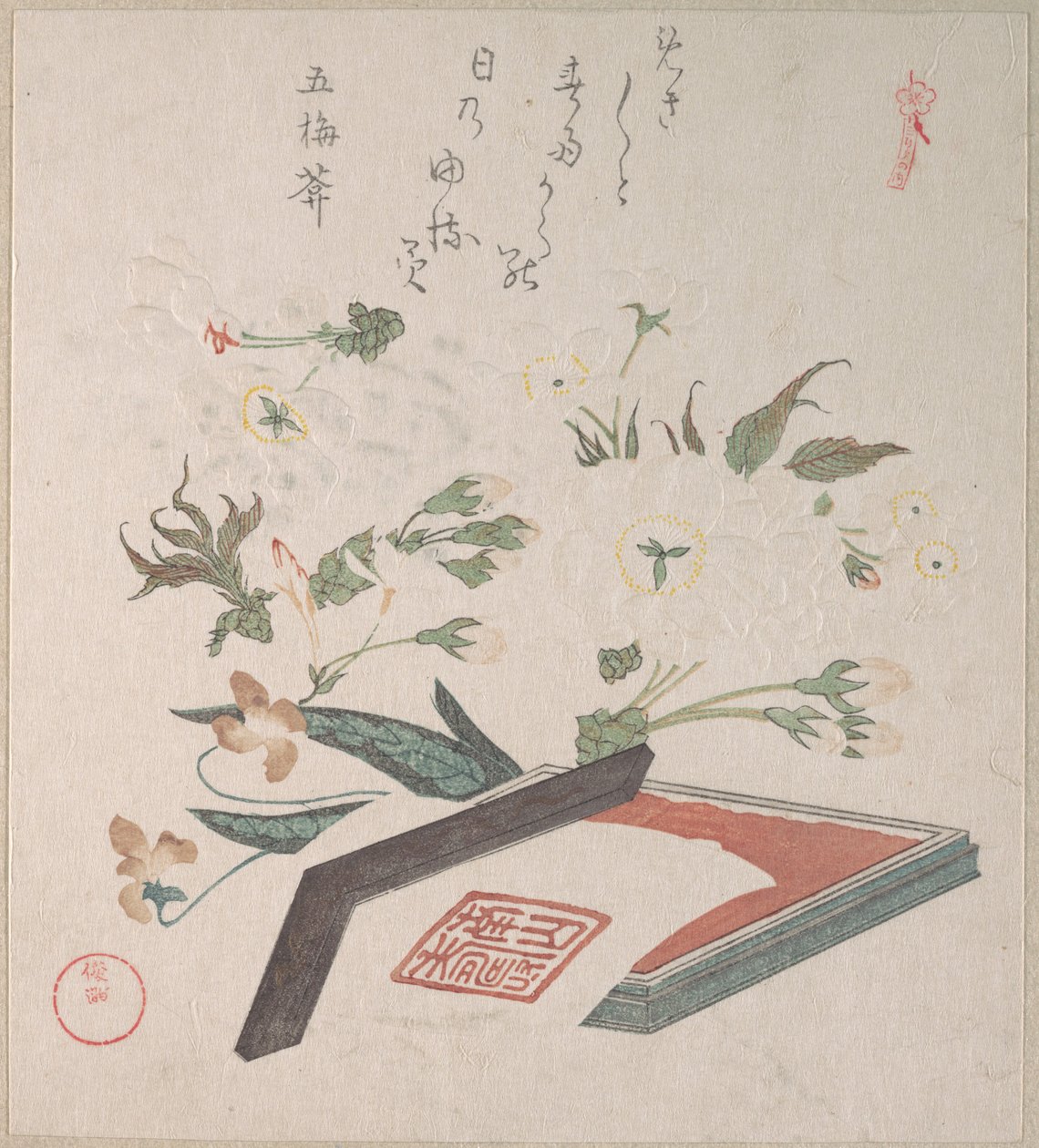 Kirschblüten und Siegelkasten mit Tinte und Lineal von Kubo Shunman