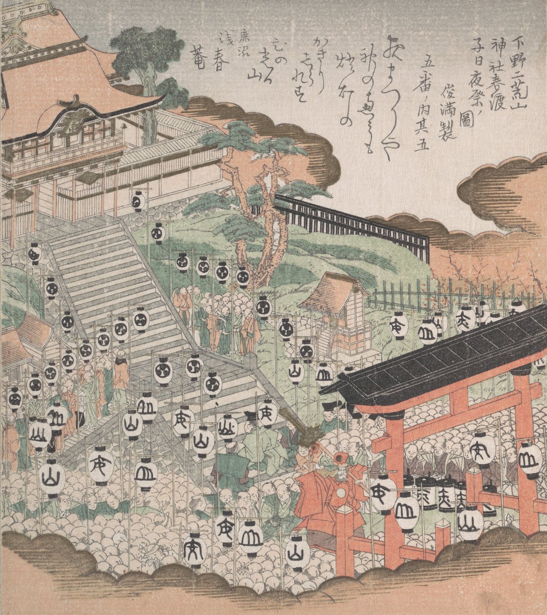 Menschenmenge, die den Festtanz vor dem Futaara-Schrein betrachtet, 19. Jahrhundert von Kubo Shunman