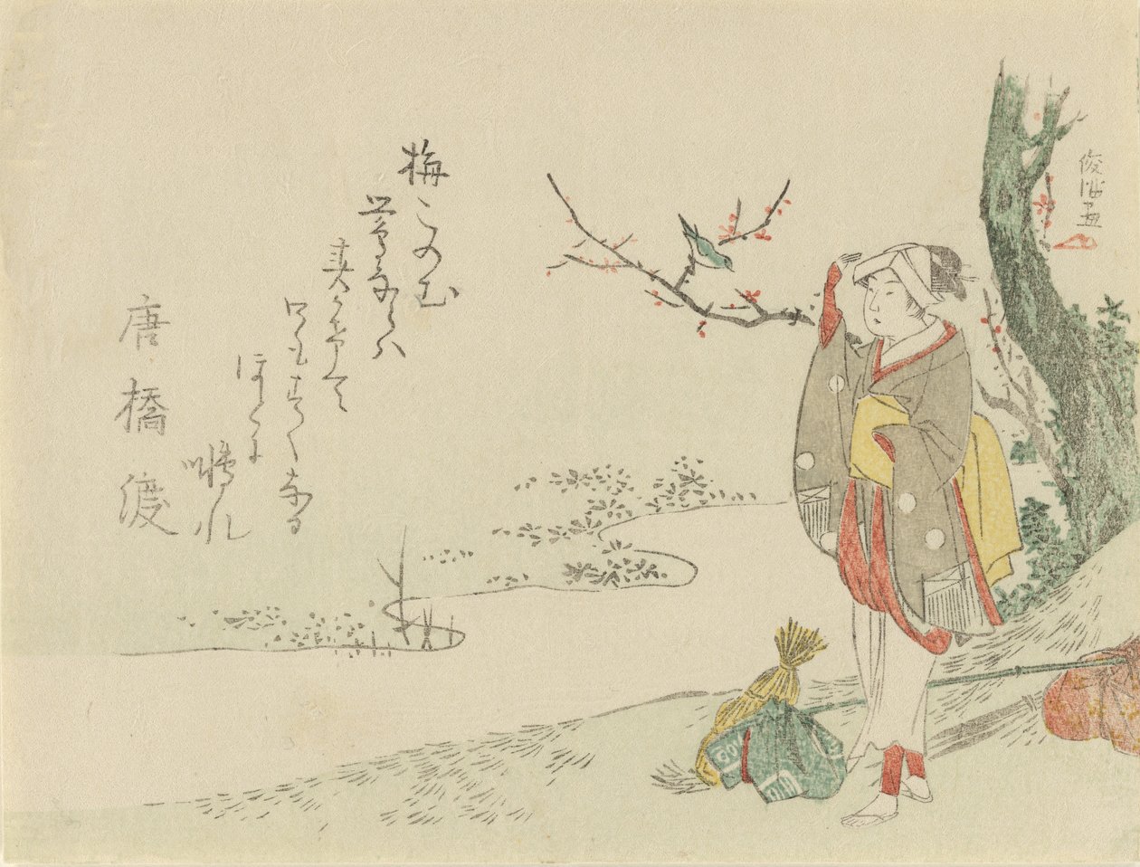 Reisende Frau hält inne, um einem Waldsänger zuzuhören, 1797 von Kubo Shunman