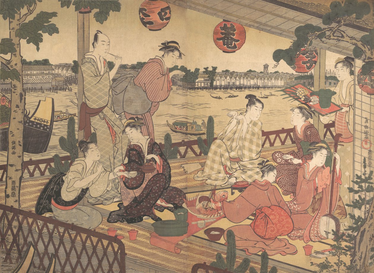Zwei junge Männer und mehrere Frauen, die in einem Teehaus am Ufer des Sumida-Flusses speisen, ca. 1788 von Kubo Shunman