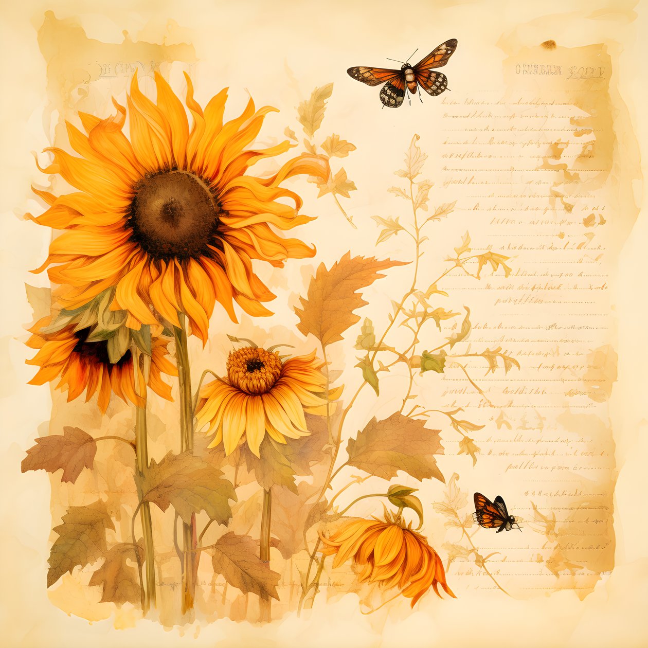 Aquarell Sonnenblumen und Bienen Silhouetten von Kurt Heppke