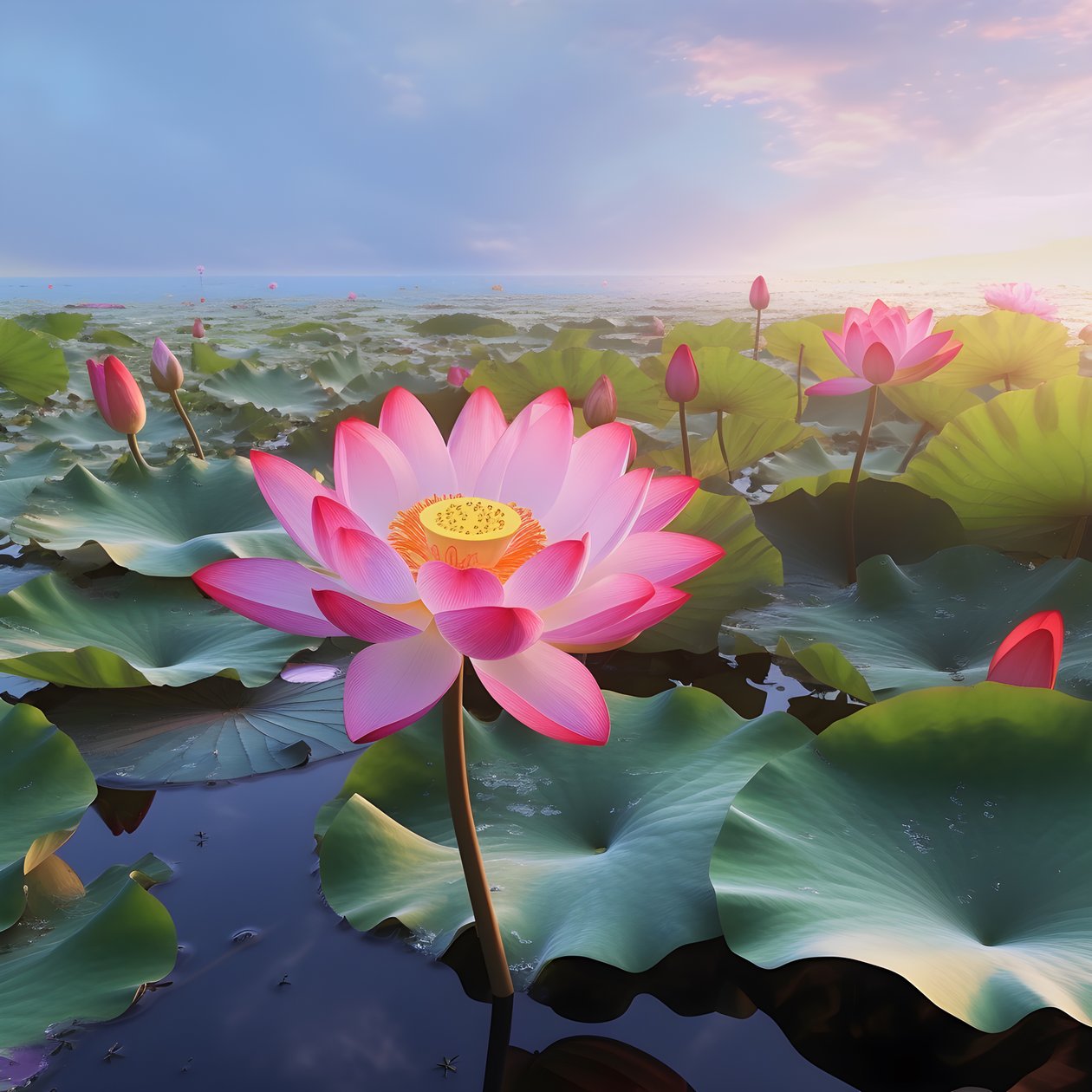 Auf der klaren Wasseroberfläche blühen große und schöne Lotusblumen, grüne Lotusblätter und Tau auf den Lotusblumen. Der Sonnenuntergang leuchtet auf der Wasseroberfläche 1 von Kurt Heppke