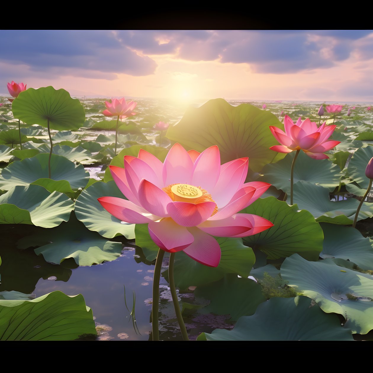 Auf der klaren Wasseroberfläche blühen große und schöne Lotusblumen, grüne Lotusblätter und Tau auf den Lotusblumen. Der Sonnenuntergang leuchtet auf der Wasseroberfläche 3 von Kurt Heppke