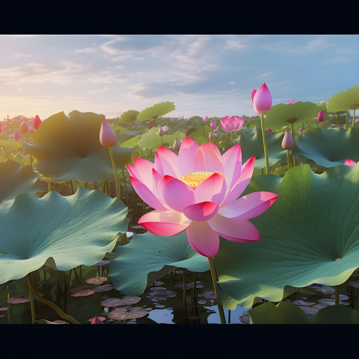 Auf der klaren Wasseroberfläche blühen große und schöne Lotusblumen, grüne Lotusblätter und Tau auf den Lotusblumen. Der Sonnenuntergang leuchtet auf der Wasseroberfläche 4 von Kurt Heppke