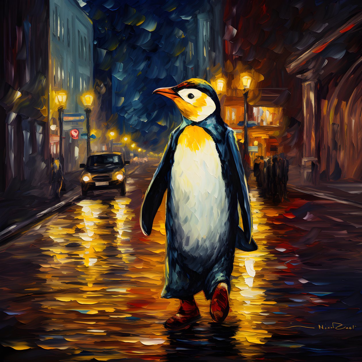 Ein Pinguin im Anzug läuft die Straße entlang von Kurt Heppke