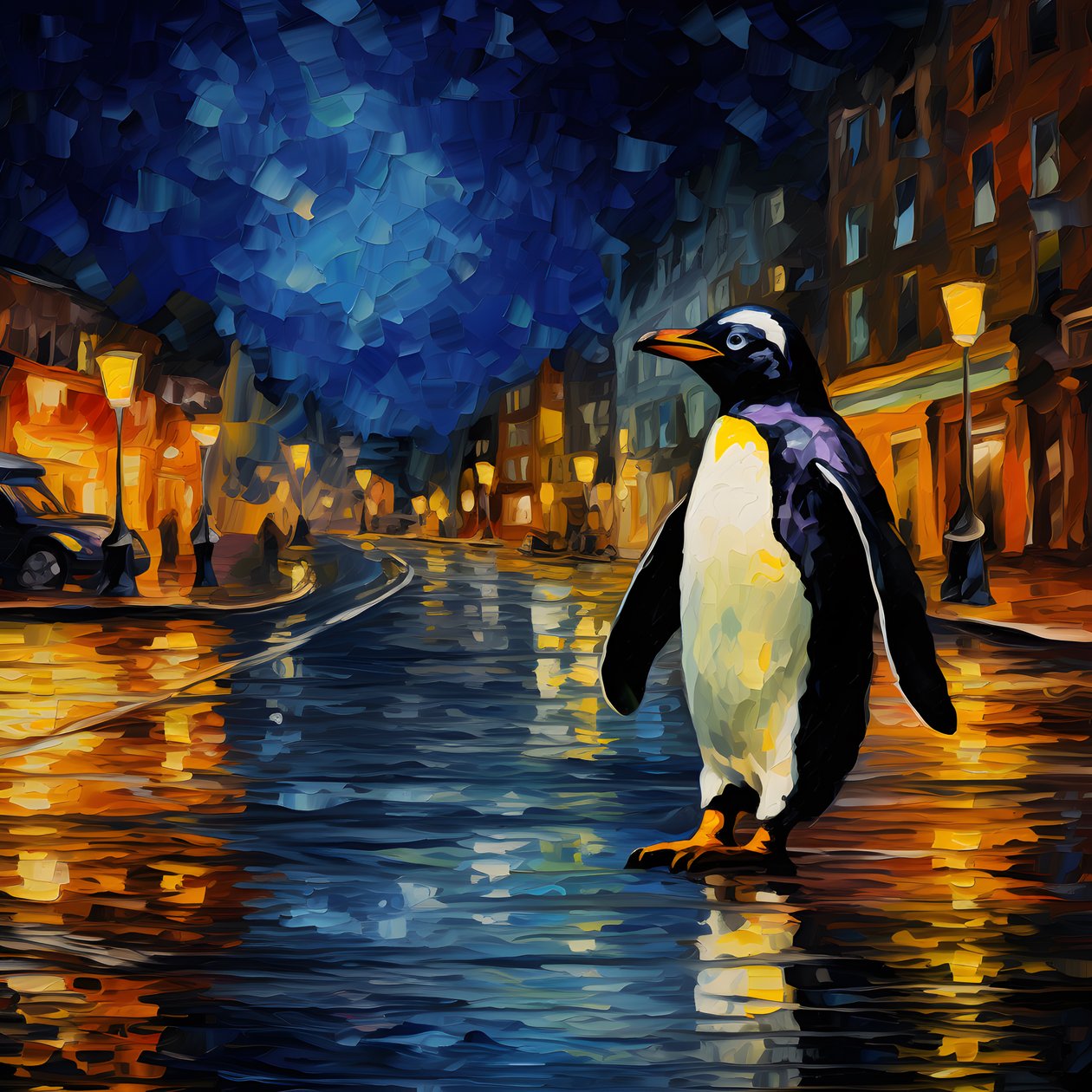 Ein Pinguin im Anzug läuft die Straße entlang von Kurt Heppke