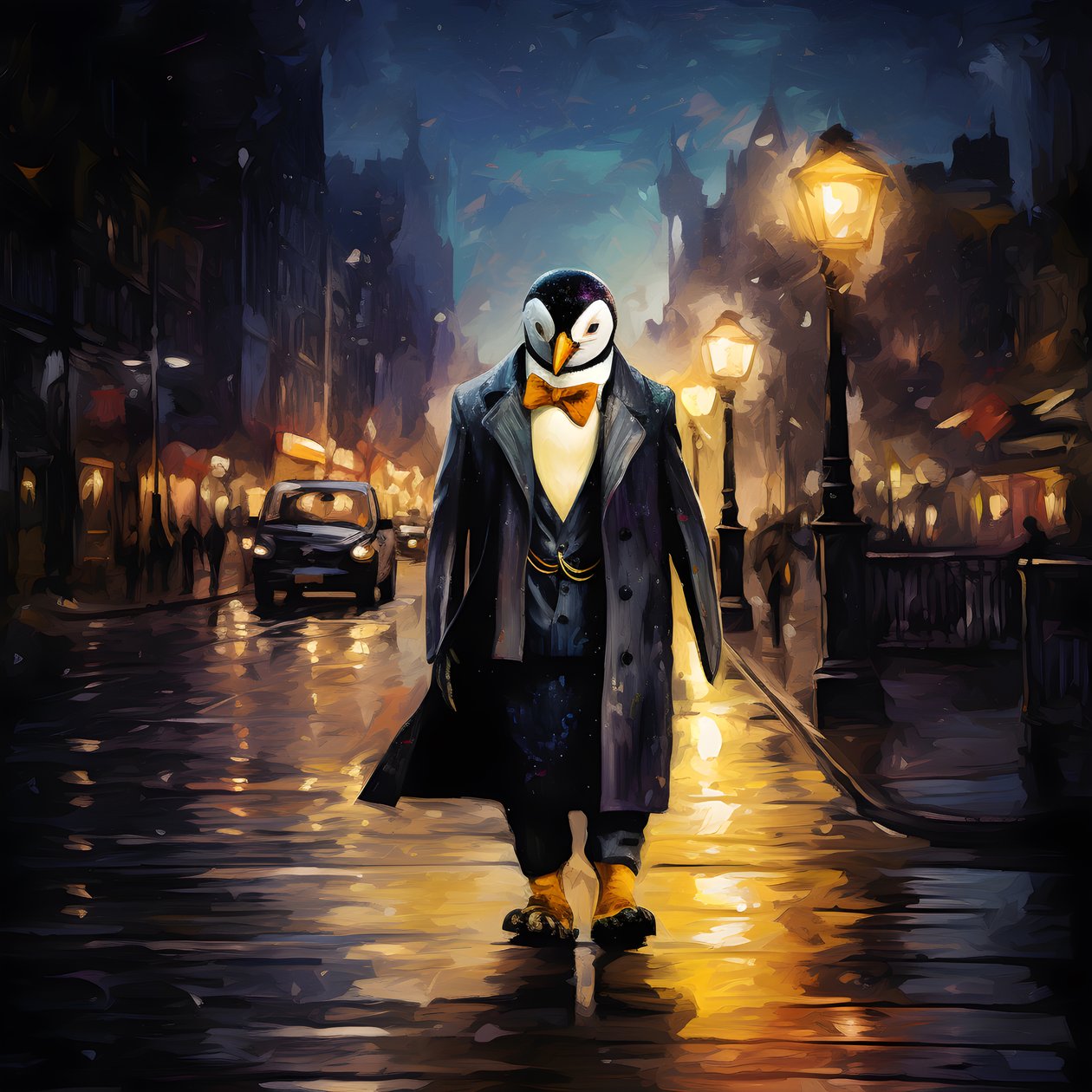 Ein Pinguin im Anzug läuft die Straße entlang von Kurt Heppke