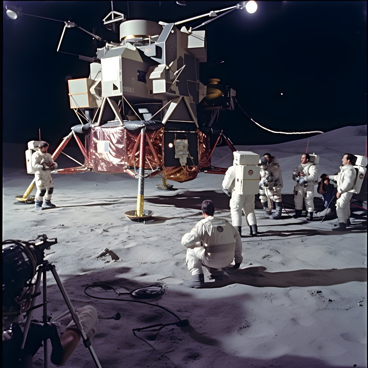 Gruppe von Menschen mit TV-Kamera, die die Fälschung des Apollo 11-Projekts zeigen sollen von Kurt Heppke