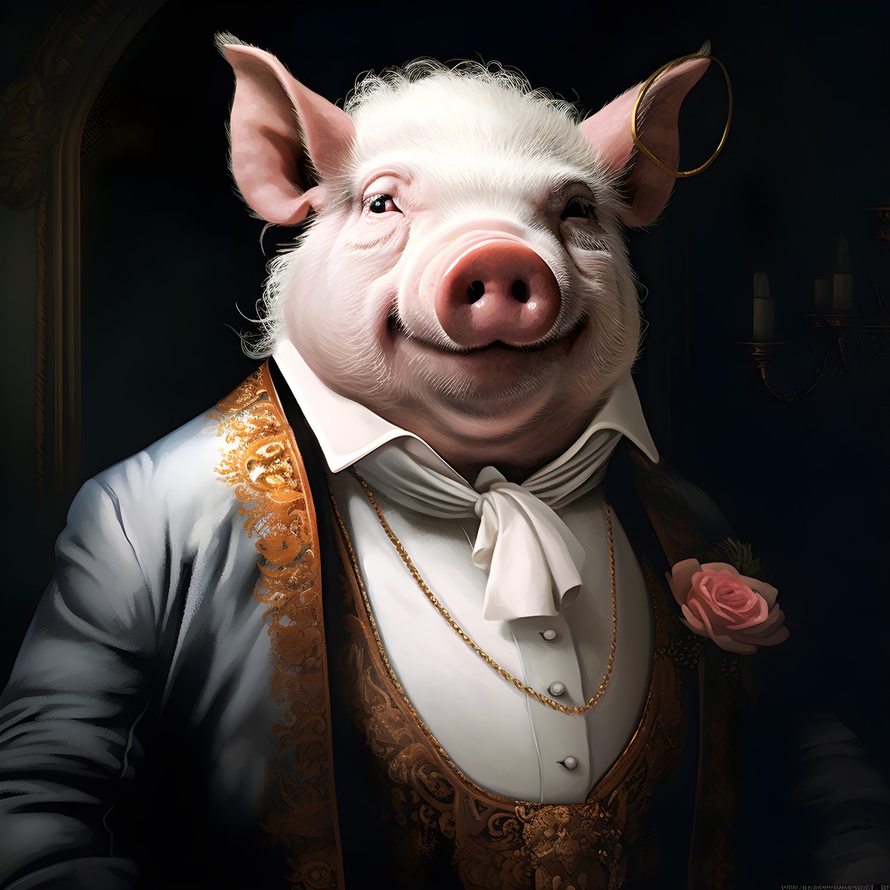 Kalter und herrschsüchtiger anthropomorpher Schweineplantagenbesitzer, stechende Augen, fetter molliger Körper, Zigarre in der Hand, exquisiter schicker südländischer weißer Anzug und Weste, Taschenuhr an einer Kette, Monokel, weißer Filzhut, Nahaufnahme 2 von Kurt Heppke