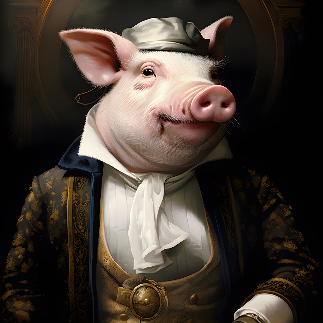 Kalter und herrschsüchtiger anthropomorpher Schweineplantagenbesitzer, stechende Augen, fetter molliger Körper, Zigarre in der Hand, exquisiter schicker südländischer weißer Anzug und Weste, Taschenuhr an einer Kette, Monokel, weißer Filzhut, Nahaufnahme 3 von Kurt Heppke