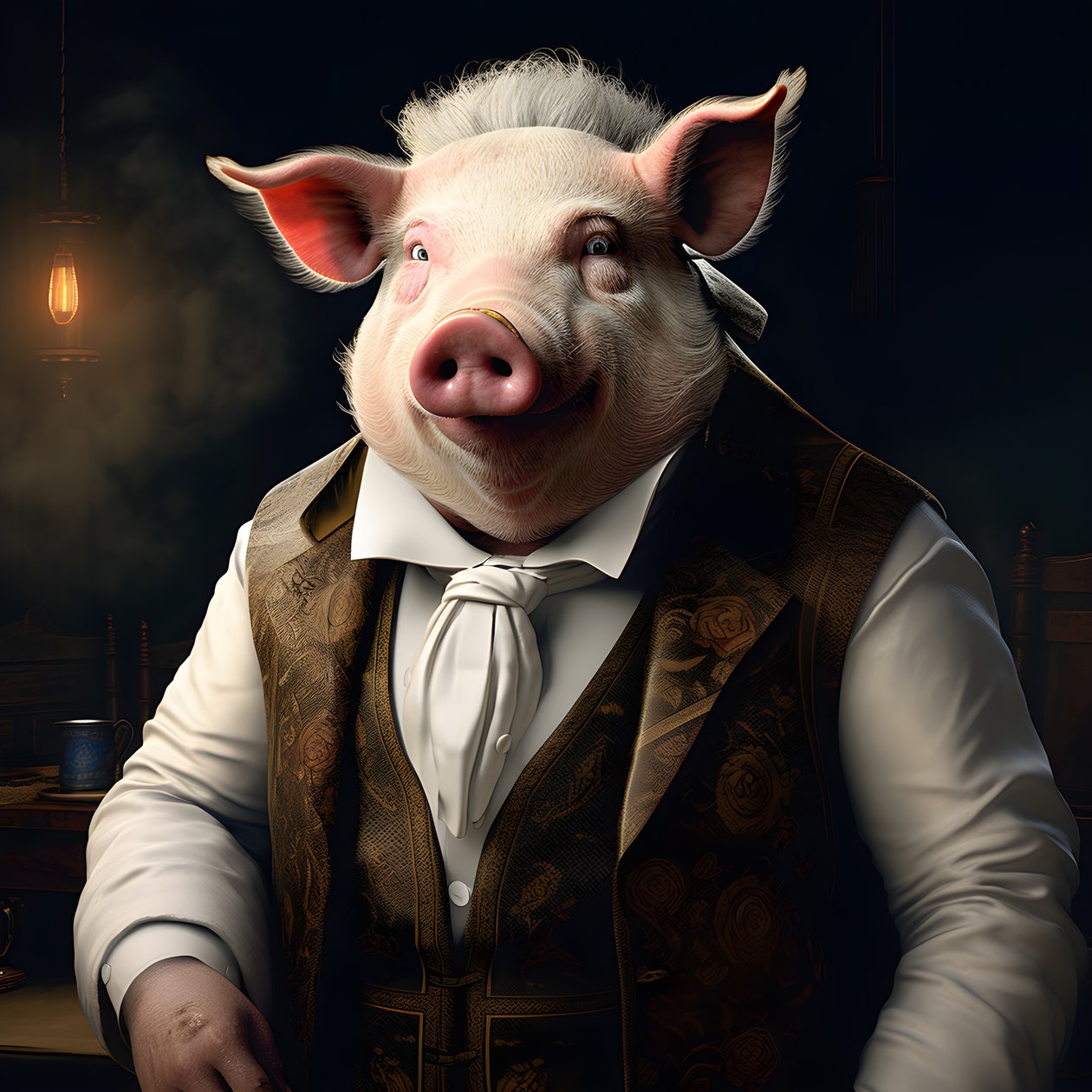 Kalter und herrschsüchtiger anthropomorpher Schweineplantagenbesitzer, stechende Augen, fetter molliger Körper, Zigarre in der Hand, exquisiter schicker südländischer weißer Anzug und Weste, Taschenuhr an einer Kette, Monokel, weißer Filzhut, Nahaufnahme 4 von Kurt Heppke