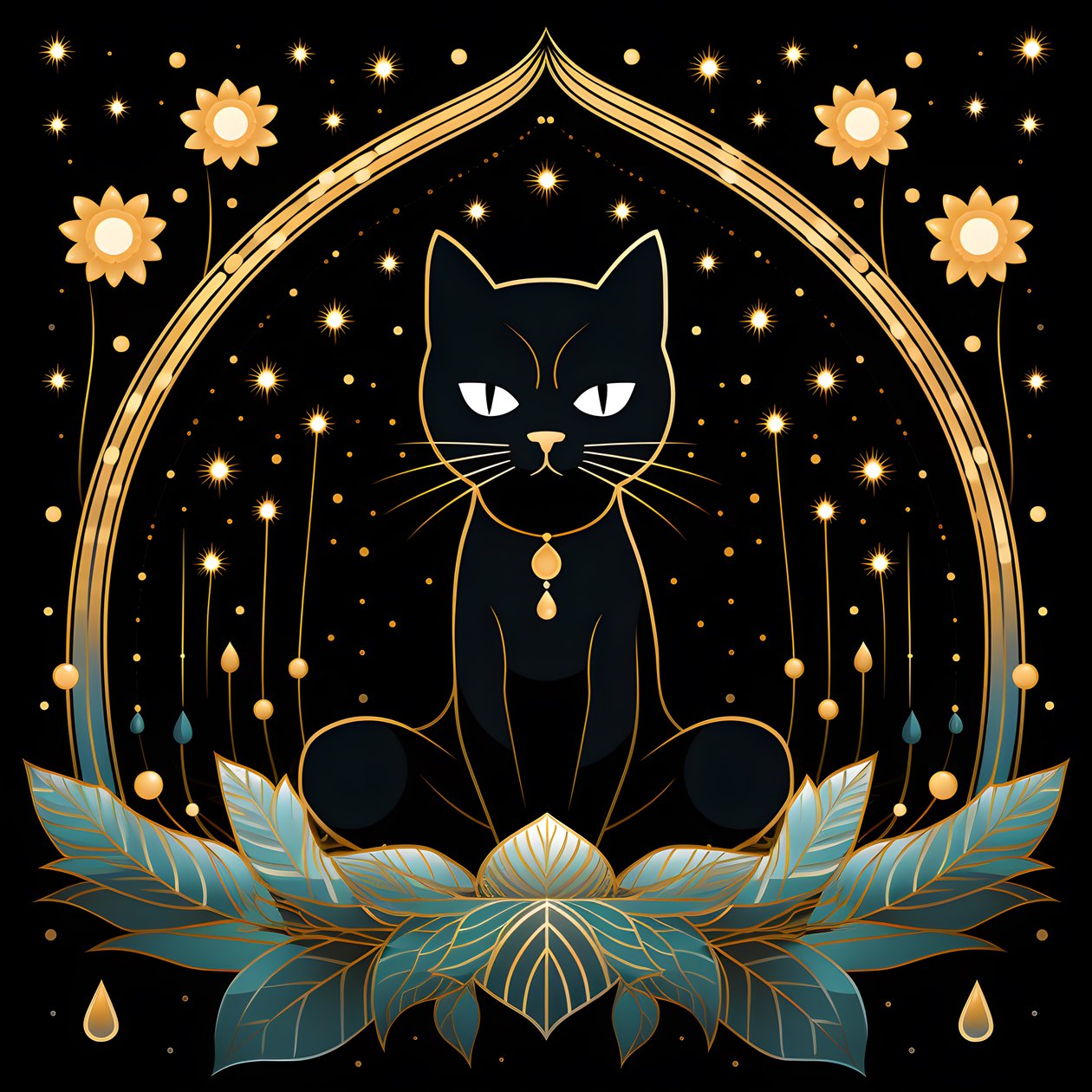 Katze in Meditation auf einer Lotusblume sitzend von Kurt Heppke