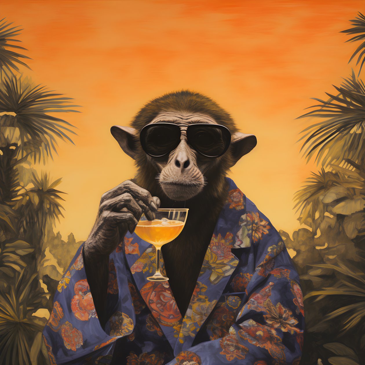 Nahaufnahme eines coolen Affen in einem japanischen Kimono, mit Sonnenbrille, in einer tropischen Landschaft von Kurt Heppke