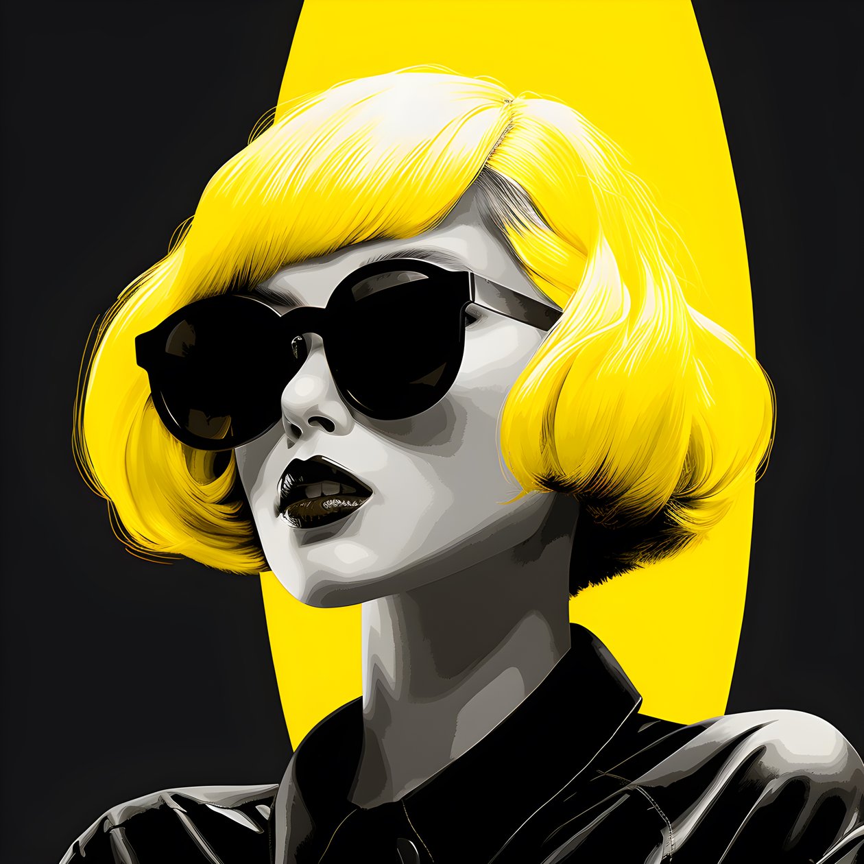 Eine Illustration eines Mädchens mit gelber Sonnenbrille, Haaren im Gesicht und Ohren, im Stil der Film-Noir-Ästhetik 1 von Kurt Heppke