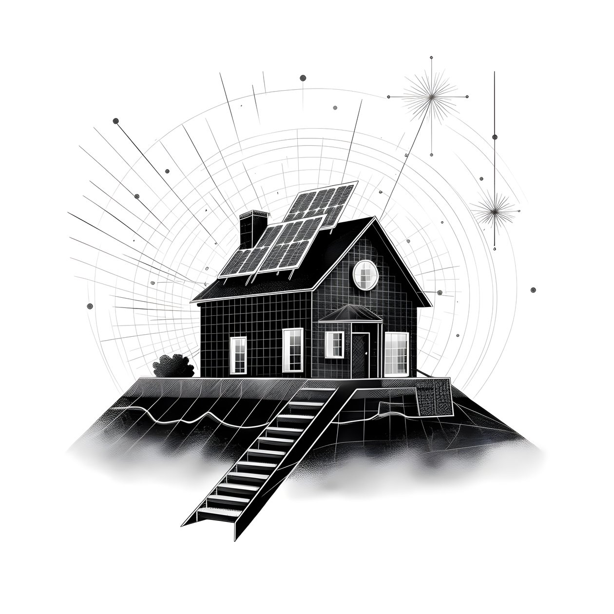Illustration eines Hauses mit Solarpanelen, mit einem großen Pfeil dahinter, der nach rechts und oben zeigt von Kurt Heppke