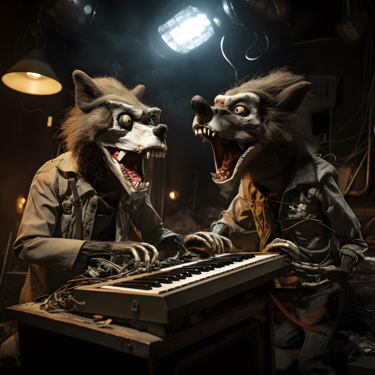 Gruselige, haarige, kaputte Tier-Animatronik, die Musik auf einer Bühne spielt 1 von Kurt Heppke