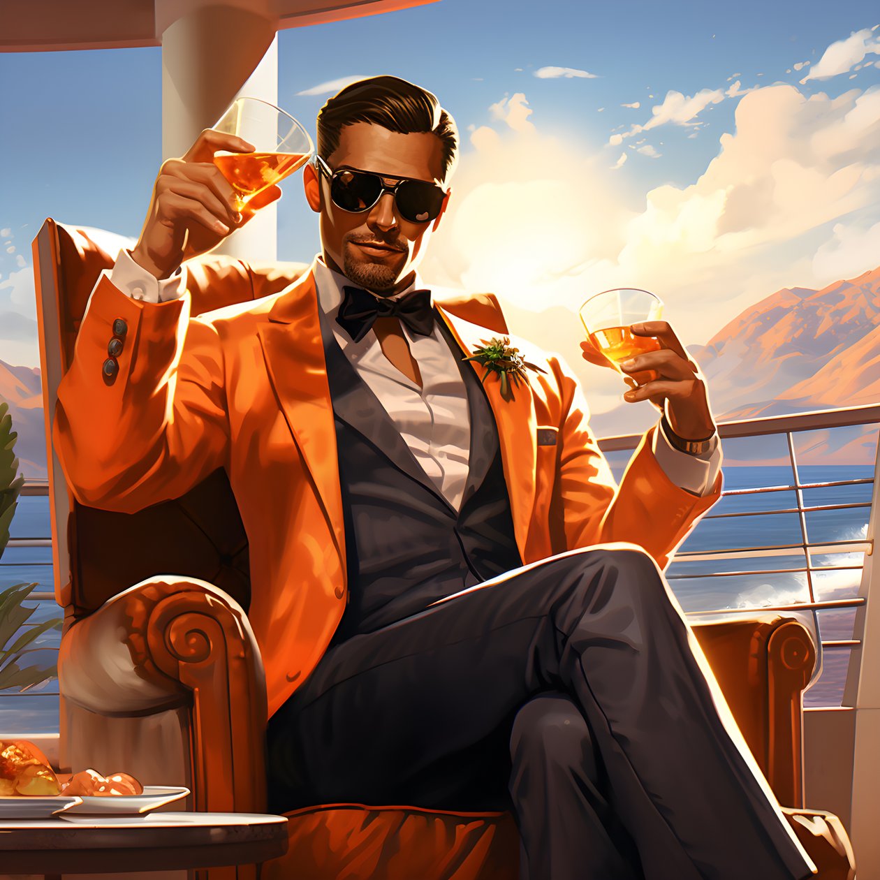Ein reicher Mann, gut gekleidet, sitzt auf einem privaten Kreuzfahrtschiff und trinkt einen Cocktail 1 von Kurt Heppke