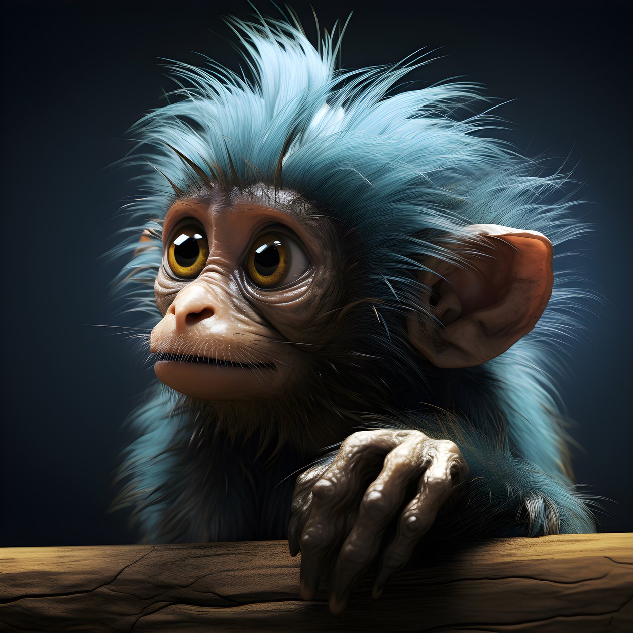 Zeichnung eines Joey-Affen mit einem Auge im Stil von emotionalen surrealen Charakterstudien, koloriert, nachdenkliche Posen, Topcor 58mm f/1.4, karikaturartige Illustrationen von Kurt Heppke