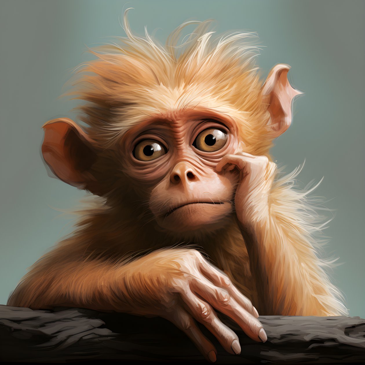 Zeichnung eines Joey-Affen mit einem Auge im Stil von emotionalen surrealen Charakterstudien, koloriert, nachdenkliche Posen, Topcor 58mm f/1.4, karikaturartige Illustrationen von Kurt Heppke