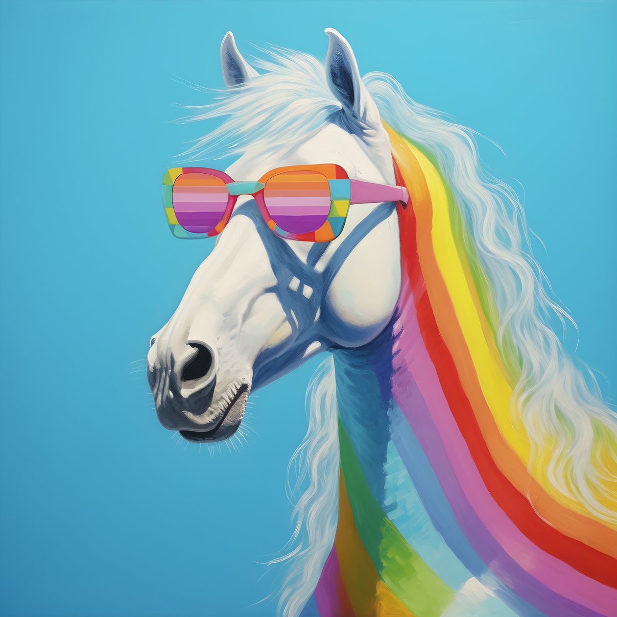 Weißes Pferd mit Regenbogenbrille auf blauem Hintergrund 2 von Kurt Heppke