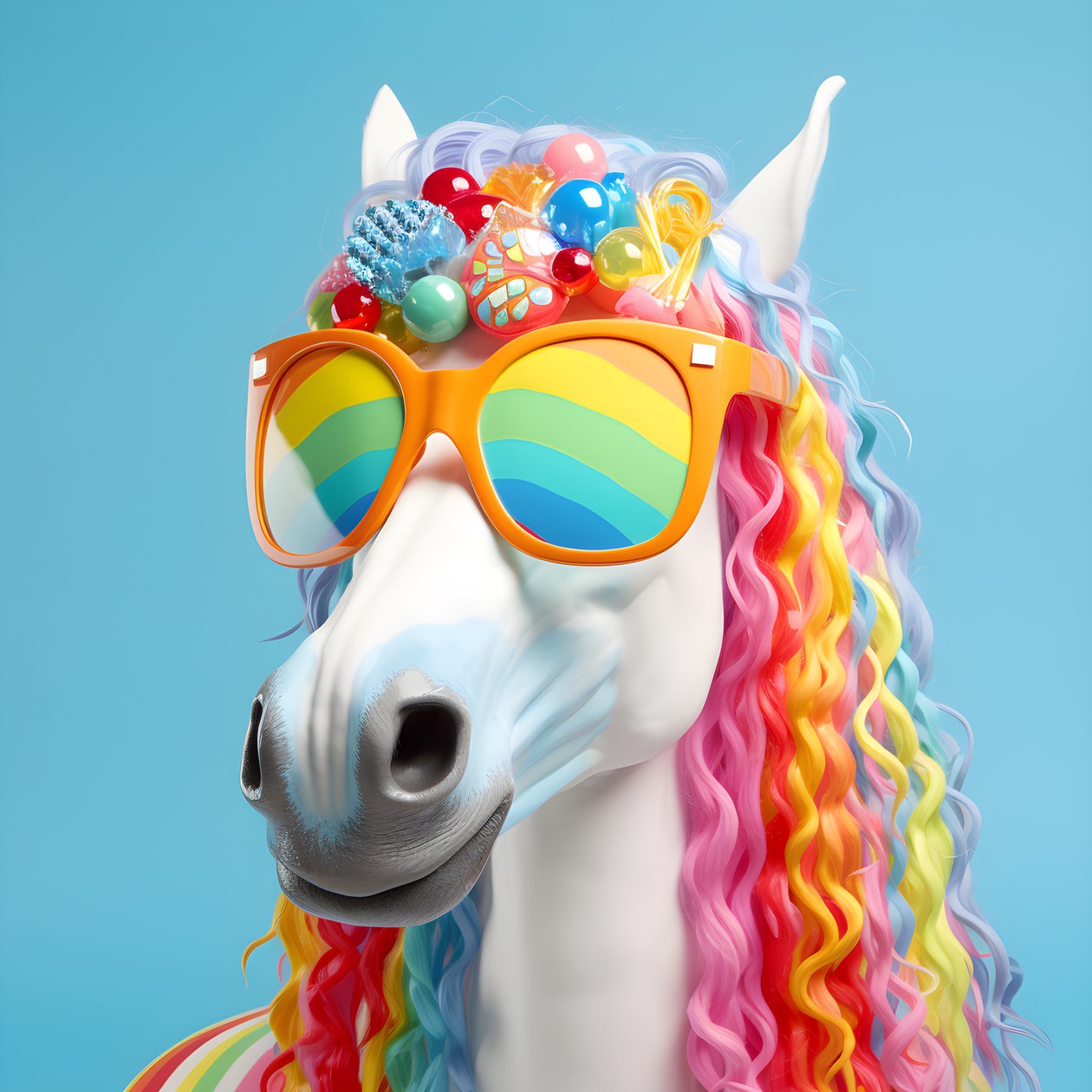 Weißes Pferd mit Regenbogenbrille auf blauem Hintergrund 4 von Kurt Heppke