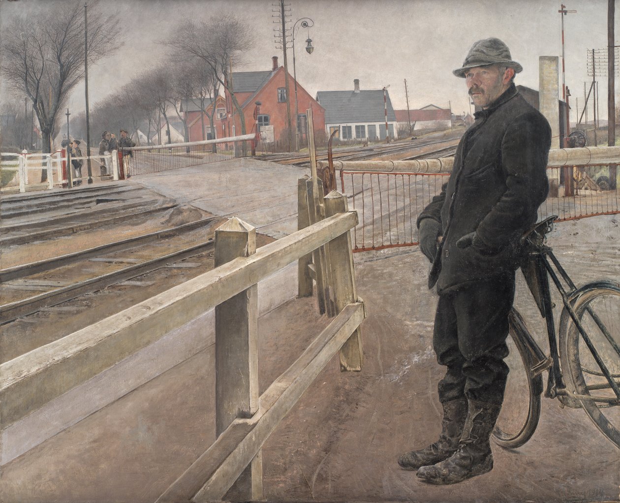 Warten auf den Zug. Bahnübergang an der Roskilde-Straße von Laurits Andersen Ring
