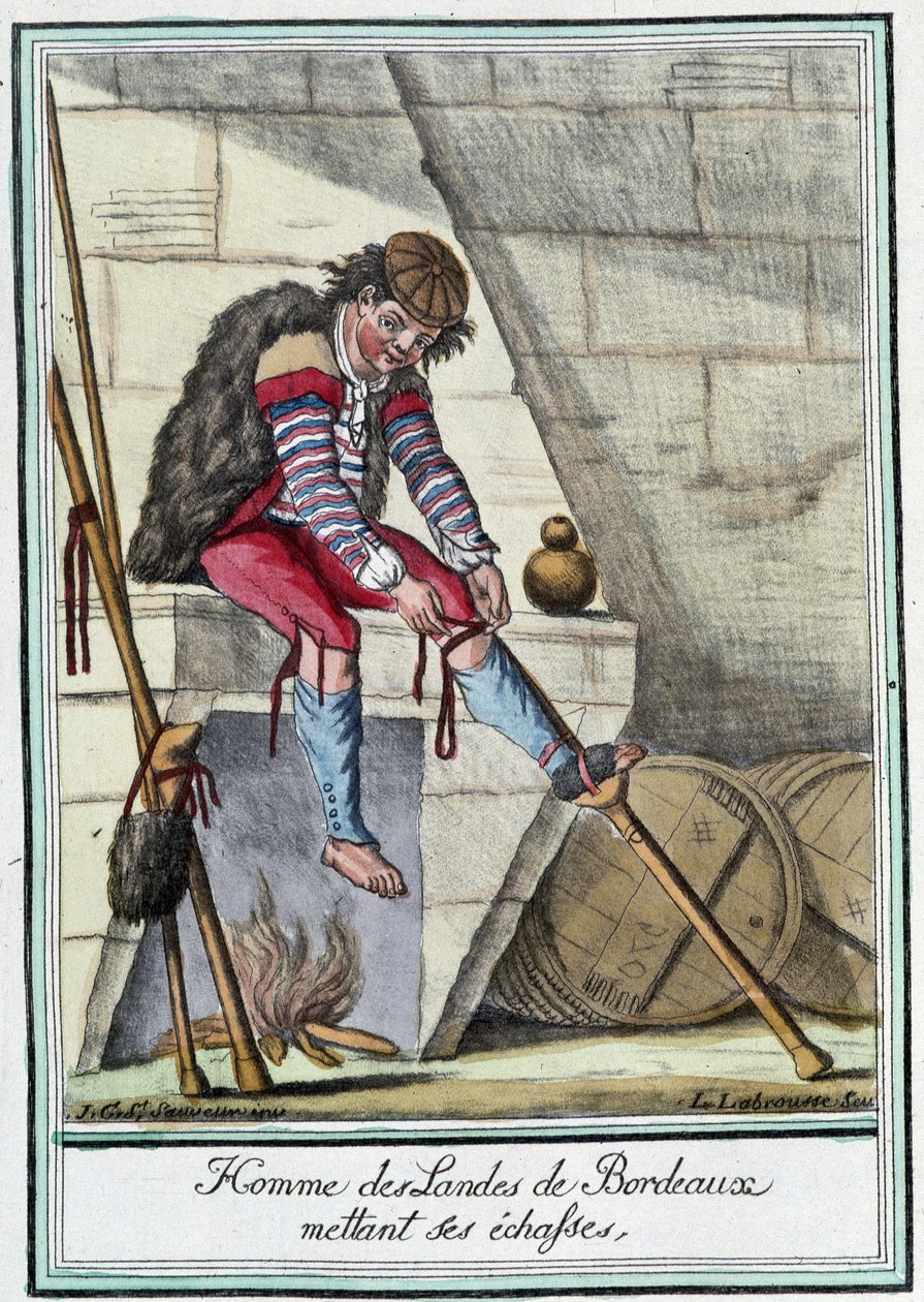 Mann aus den Bordeaux-Mooren, der seine Stelzen anlegt - in „Encyclopédie des voyages“ von J. Grasset St Sauveur, Deron, Paris von L.F. Labrousse