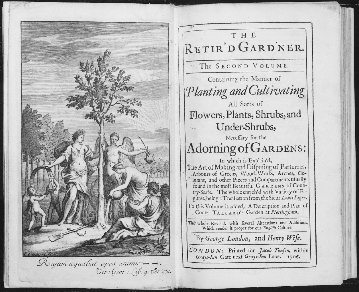Frontispiz zu The Retird Gardener von George London und Henry Wise, graviert von Van der Gucht, 1706 von L. Laguerre
