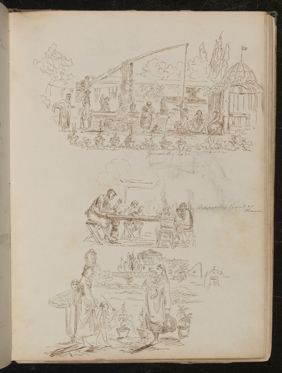 Ein Garten- und Wäscheszene mit weiblichen Figuren mit der Aufschrift Genuesischer Brunnen, und eine Studie von vier Figuren mit der Aufschrift Manentis Familie beim Abendessen von Lady Butler