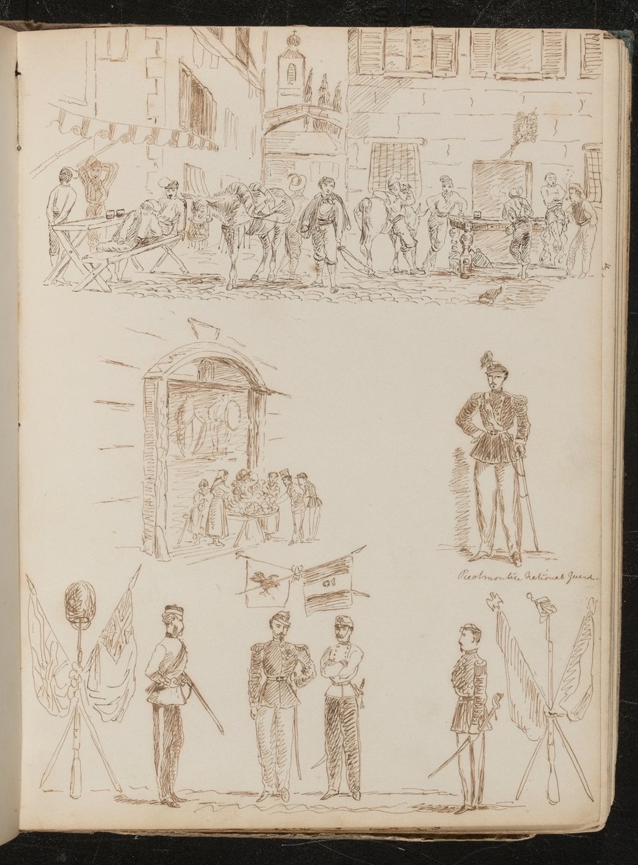 Stadtszene mit trinkenden Soldaten, Marktstand, piemontesische Nationalgarde, vier Soldaten und gekreuzte Fahnen von Lady Butler