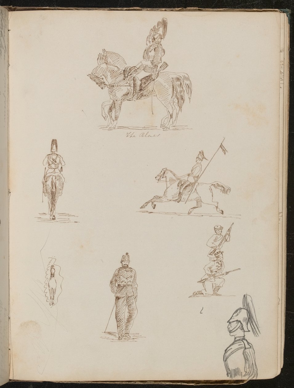 Sechs Studien von Soldaten, einer zu Pferd beschriftet "die Blues", kleine Studie eines Pferdes von vorne von Lady Butler