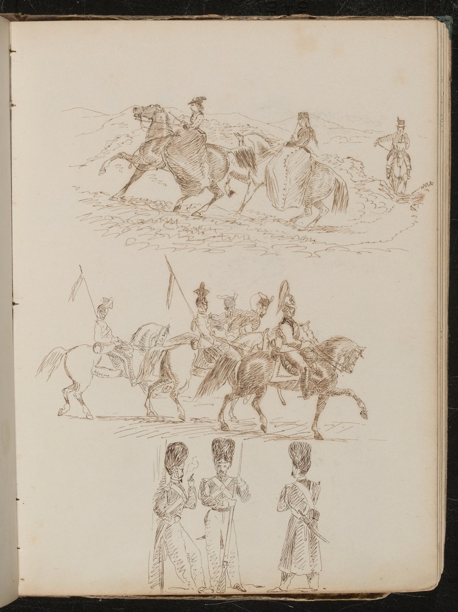 Studie von zwei Frauen und einem Mann in hügeliger Landschaft, Soldaten zu Pferd, drei Wachen im Gespräch von Lady Butler
