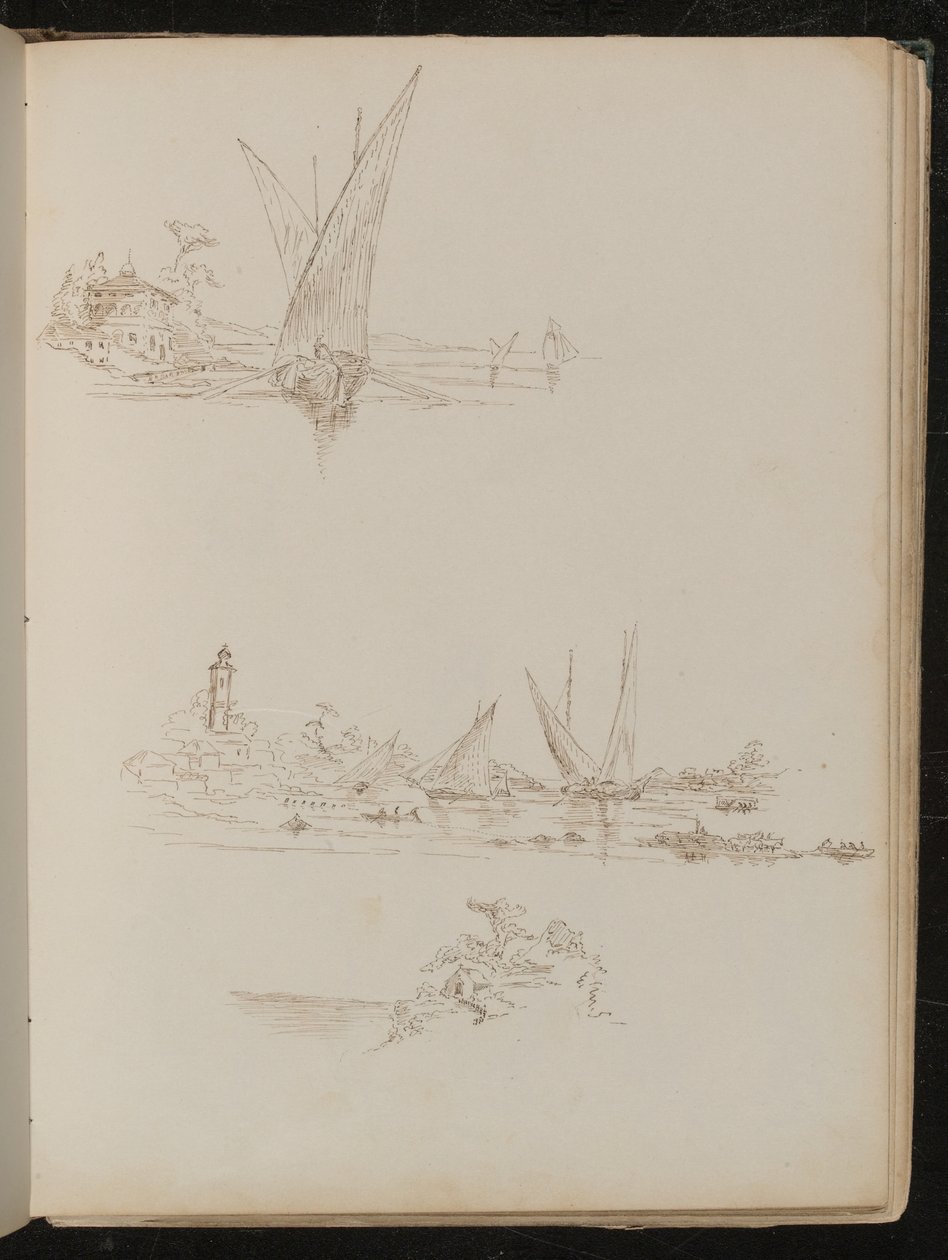 Drei Studien von Schiffen, Booten und Küstenlandschaft von Lady Butler
