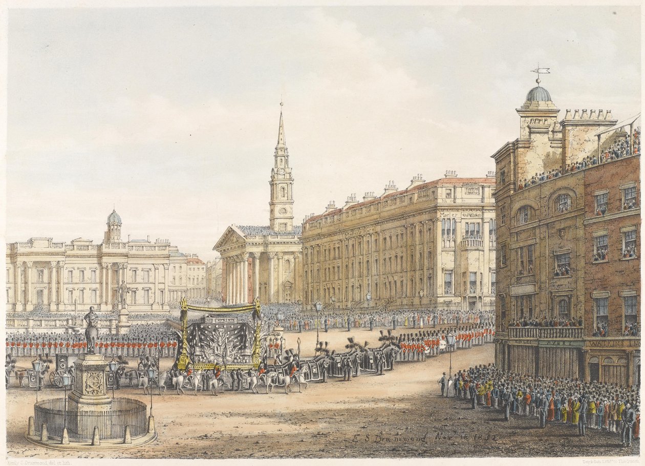Der Leichenwagen und die Prozession beim Staatsbegräbnis des Herzogs von Wellington, die am 18. November 1852 am Mansion House vorbeiziehen von Lady Emily Drummond