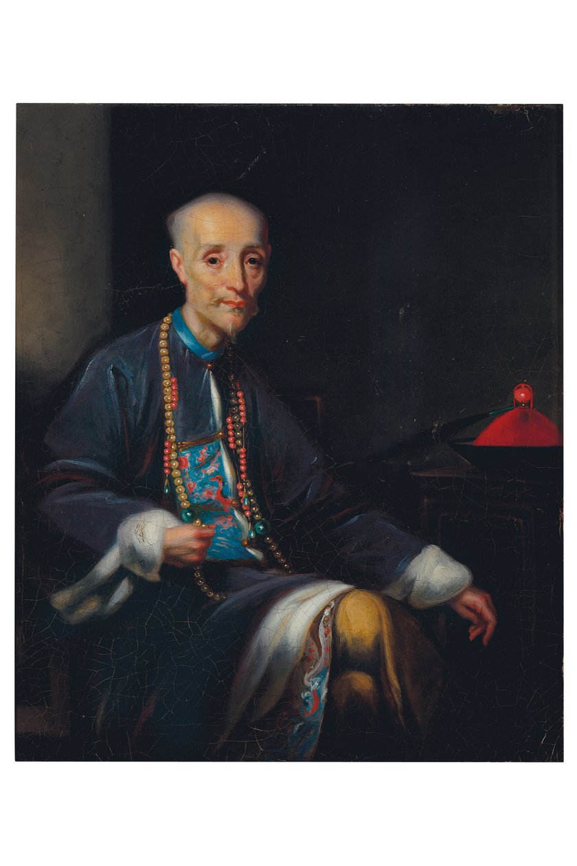 Porträt von Houqua, dreiviertel Länge, sitzend, in einem Interieur von Lam Qua (attr. to)