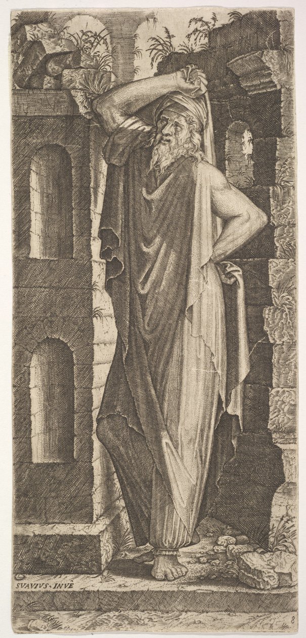 St. Philippus, stehend mit der linken Hand auf der Hüfte und der rechten Hand auf seinem... von Lambert Suavius