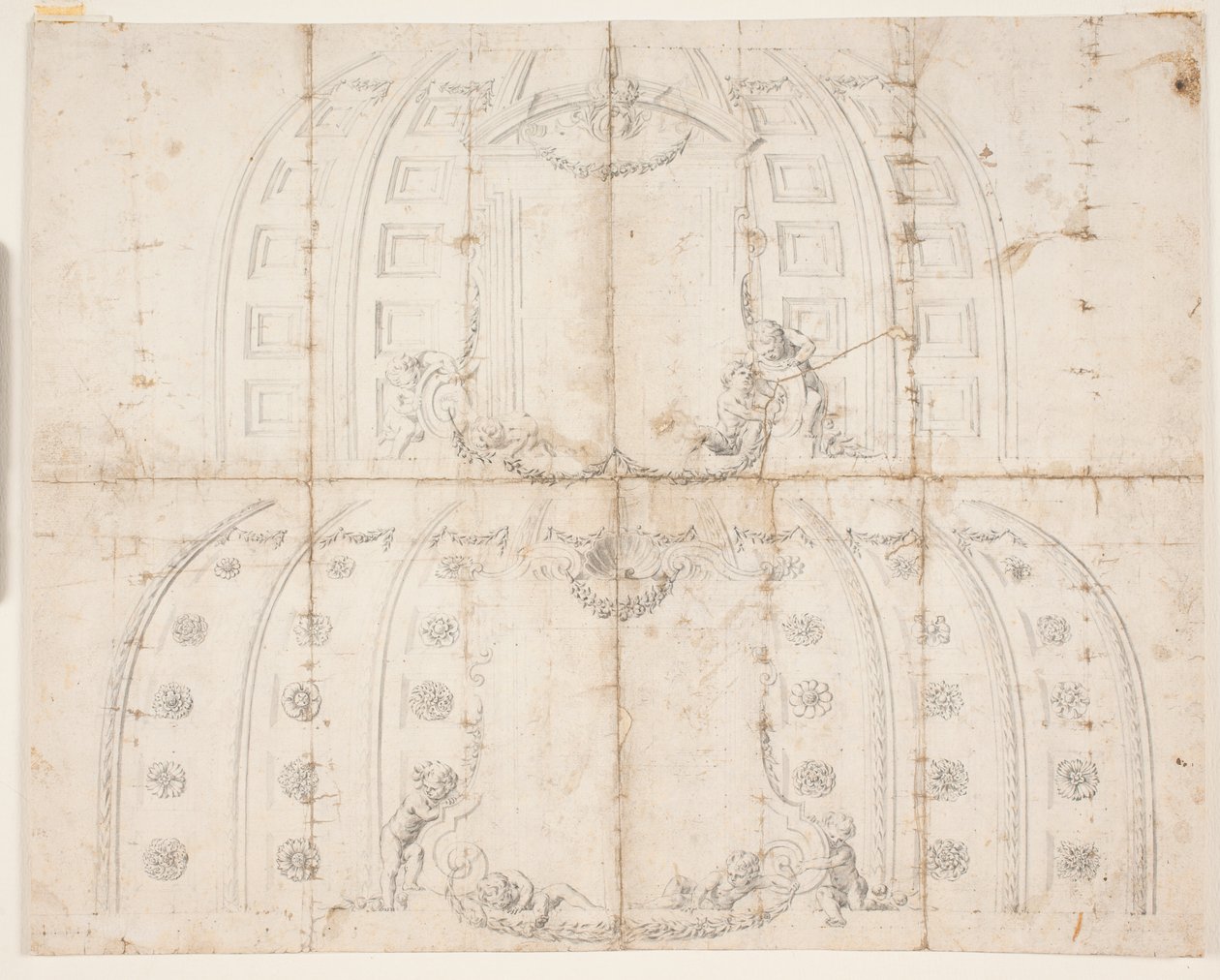 Frederiksborg Schloss, Audienzsaal. Zwei verschiedene Entwürfe für die Deckendekoration der Kuppel von Lambert van Haven