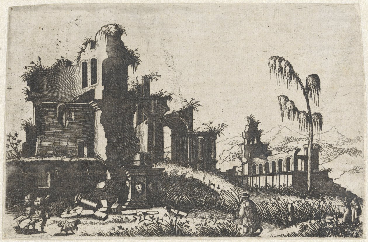 Landschaft mit bewachsenen Ruinen und Reisenden von Lambertus Suavius
