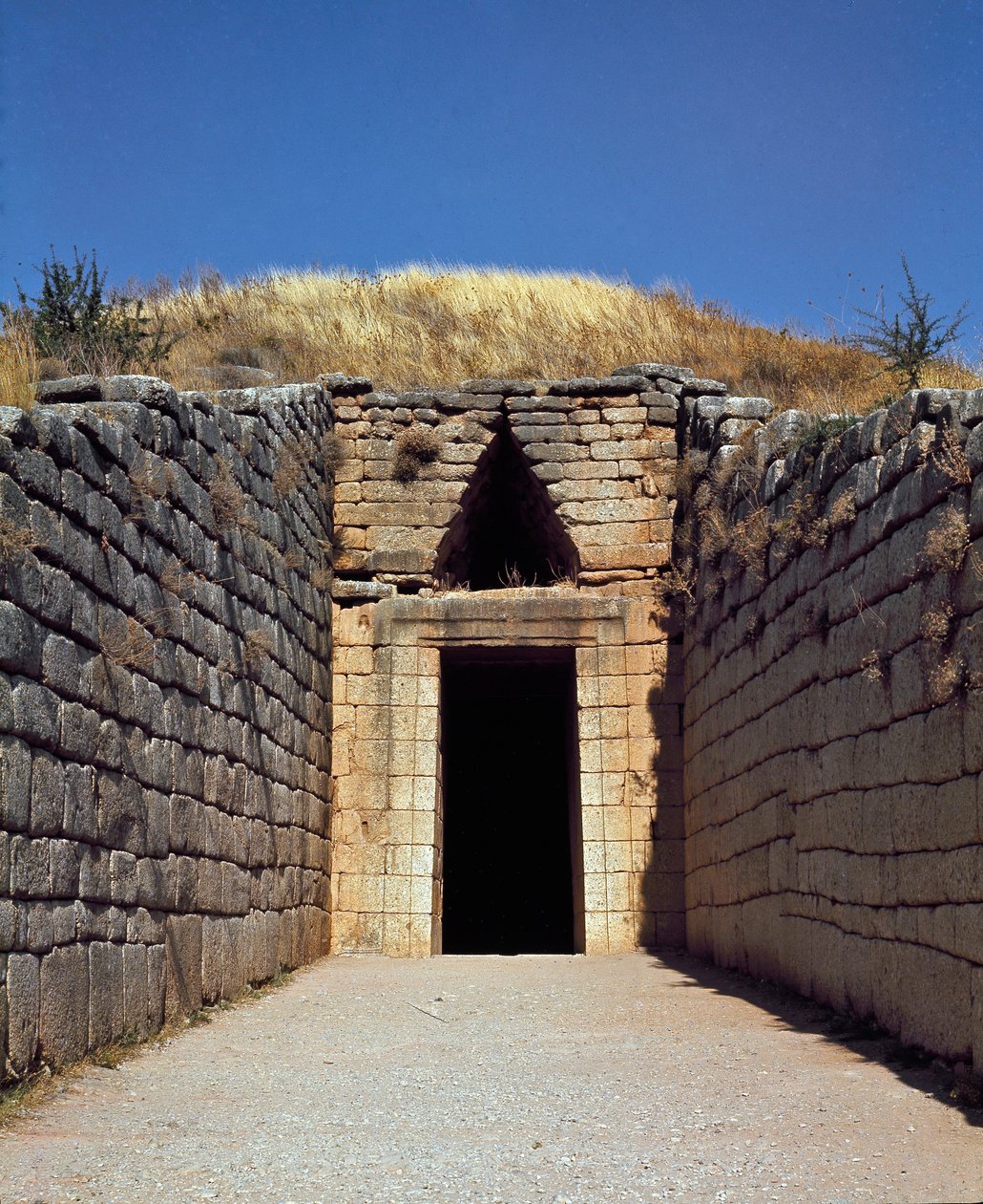 Eingang des Grabes von Agamemnon, genannt „Schatzhaus des Atreus“: Ort der antiken Stadt Mykene, Peloponnes (1500-1100 v. Chr.) Griechenland von Late Helladic Period Mycenaean